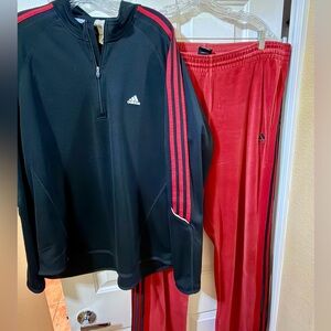 Adidas 3 Stripes Tracksuit Set Men’s XL Red Velour Black Stripe 1/4 Zip Shirt